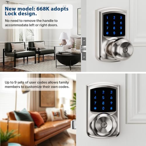 HIDALIFE Keyless Entry Door Lock with Code, Keypad Door Lock with Handle, Touchscreen Door Knob with Keypad, Electronic Door Lock, Auto-Lock, Satin Nickel, HL-668K 1pack - size: HL-668K Satin Nickel 1pack