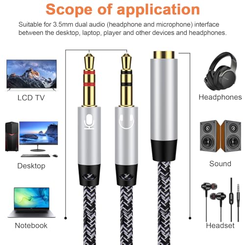 ABCPOW Headset Splitter Cable for PC 3.5mm Jack Headphone Splitte AUX Audio Adapter Microphone Splitter 3.5mm Female to 2 Dual 3.5mm Male for Computer Simultaneously Y Splitter Gaming Speakers for PC - color: Silver