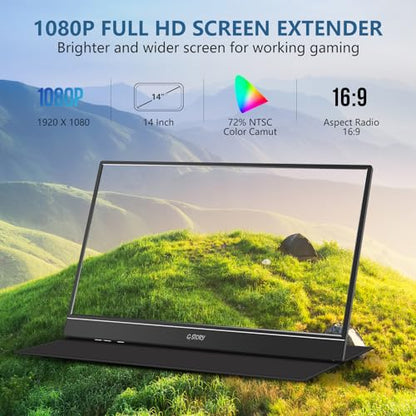 G-STORY Portable Monitor 14 Inch FHD 1080P IPS USB-C,USB-A Laptop Monitor with Adjustable and Hidden Cable Design，Extender Display with Smart Cover for Laptop PC MAC Perfect for Travel