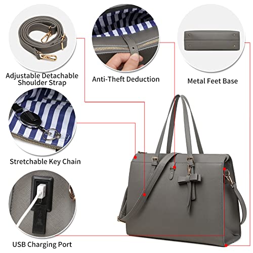 Keyli 4pc Sets Laptop Bag for Women Large Leather Laptop Briefcase with USB Charging Port Computer Shoulder tote Bags Purse - color: Gray