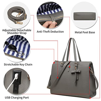 Keyli 4pc Sets Laptop Bag for Women Large Leather Laptop Briefcase with USB Charging Port Computer Shoulder tote Bags Purse - color: Gray