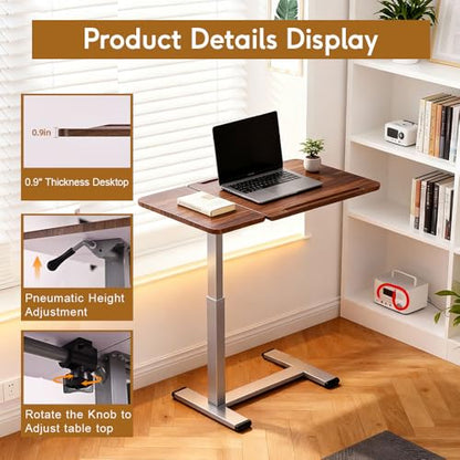 Pneumatic Overbed Table with Wheels, Height Adjustable Bedside Table with Ultra-Low Base for Hospital & Home, Rolling Laptop Cart with Walnut Finish - color: Walnut
