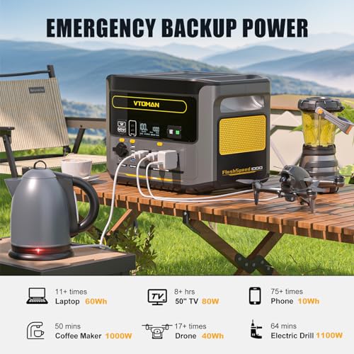 VTOMAN FlashSpeed 1000 Portable Power Station, 828Wh LiFePO4,1000W output | Expandable to 2376Wh, 1H fast charge (0-80%), 2000W peak output, solar generator, home backup, camping, power outages