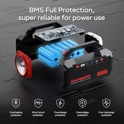 MARBERO Power Bank 60,000mAh Portable Power Station 222Wh with 60W PD Fast Charge & LED Light for Home Backup Outdoor Camping RV Travel and Emergency Power Supply - color: Red Black