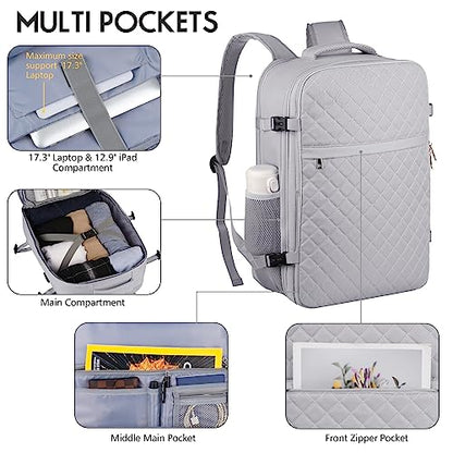 Large Travel Backpack Women, Flight Approved Carry On Backpack, Water Resistant Anti-Theft Large Casual Daypack Fit 17 Inch Laptop with USB Charging Port, Grey - color: Grey, size: 17.3 inch
