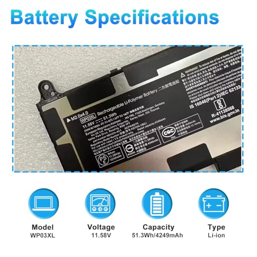 WP03XL M73466-005 Battery for HP EliteBook 830 835 840 845 860 865 G9 G10 EliteBook x360 1040 G9 G10 ZBook Firefly 14 Mobile Workstation Series HSTNN-OB2J M73466-005 M64305-421 - size: 8.66*4.13*0.31inch WP03XL