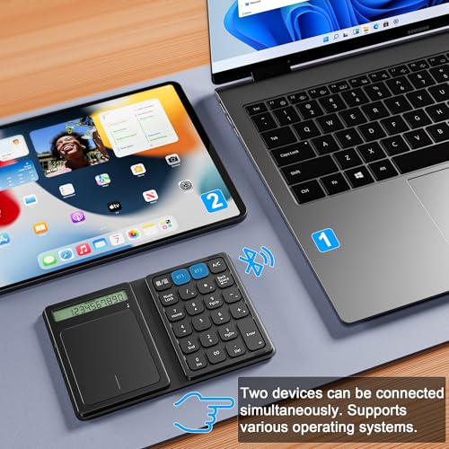 Bluetooth Number Pad, Foldable 2.4G Wireless Numeric Keypad with Display Calculator & Touchpad, Wireless Number Pad Slim 23 Keys Portable Financial Accounting Numpad Keyboard for PC Laptop Desktop