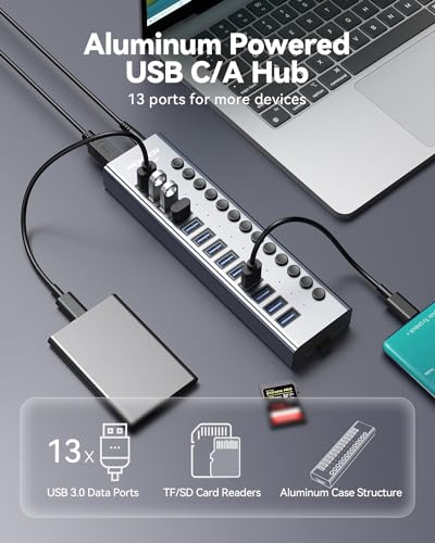 Powered USB 3.0 Hub, Wenter 13 Ports Powered USB Hub with SD/TF Card Reader, Aluminum USB Splitter with Individual On/Off Switches, 12V/3A 36W Power Adapter for PC/Laptops - size: Aluminum 13 Ports