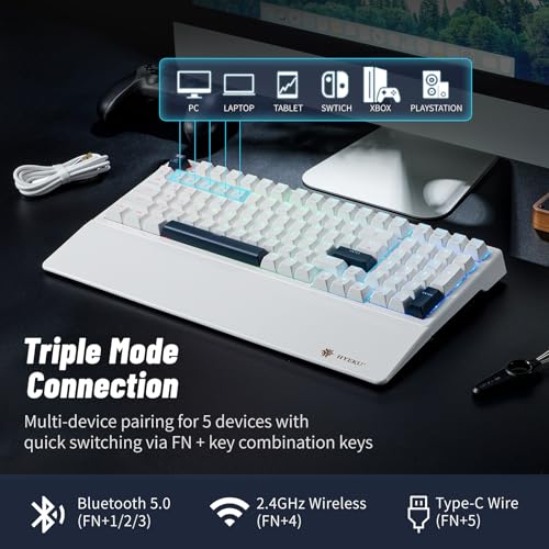 Wireless Mechanical Keyboard with Wrist Rest,Tri-Mode BT5.0/2.4GHz/USB-C Hot Swappable Custom Keyboard,Pre-lubed Clicky Switches,RGB Backlit Computer Gaming Keyboards for PC/Tablet/PS/Xbox(White) - color: White-99keys, size: Clicky