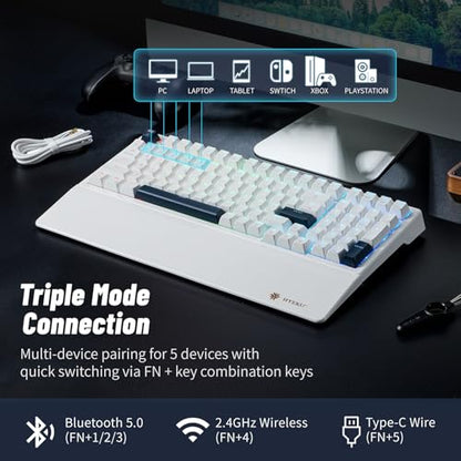 Wireless Mechanical Keyboard with Wrist Rest,Tri-Mode BT5.0/2.4GHz/USB-C Hot Swappable Custom Keyboard,Pre-lubed Clicky Switches,RGB Backlit Computer Gaming Keyboards for PC/Tablet/PS/Xbox(White) - color: White-99keys, size: Clicky