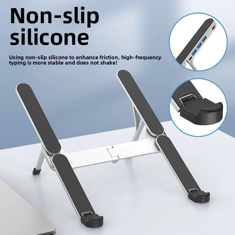 YUATAUY Ultra Compact Laptop Stand with 4 USB Ports, USB Hub for Desk, Foldable Portable for Travel, Library, Home, Office, Cafe, 6-Level Ergonomic Adjustable Aluminum Holder for 10-16" Laptops