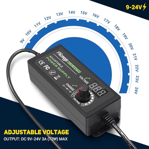 Facmogu 9V-24V 3A 72W Adjustable Power Adapter with LED Display, Multi-Voltage 100V-240V AC to DC 9V 12V 15V 16V 18V 19V 20V Universal AC/DC Variable Power Supply, Various Voltage AC to DC Converter - size: 9-24V 3A