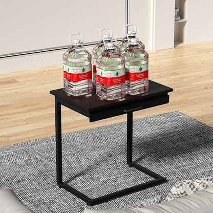 C Shaped End Table,Small Couch Side Table with Drawer,for Living Room, Bedroom Magazines, Computers, Coffee, Small Objects Storage.Black - color: Black