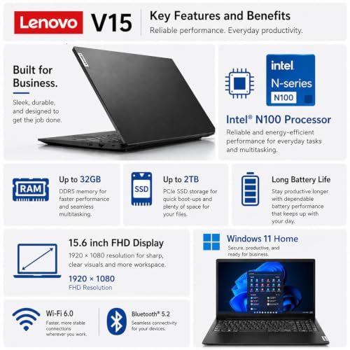 Lenovo Portable Laptop for Business and Student with Office 365, 15.6" FHD, 8GB DDR4 RAM, 256GB PCIe SSD, Intel Dual-Core, WiFi 6, Bluetooth 5.2, USB-C, Fast Charging, Windows 11