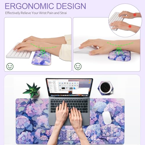 Petmolico 4-in-1 Wrist Rest Set with Desk Pad, Blue Flower Cat | Non-slip PU base, soft Lycra & memory foam, ergonomic pain relief, great for home/office - color: Blue