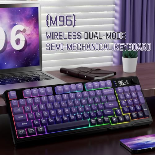 LexonElec M96 Wireless Keyboard, Low Profile Quiet Typing Membrane Gaming Keyboard with Smart Display & Knob, RGB Backlit, USB C Rechargeable, 94 Keys PBT Keycap for Windows PC,Mac,Linux-Grape Purple - color: Grape Purple