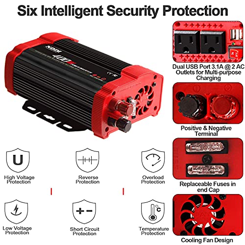 400W Power Inverter, Suitable for Mobile Phones, Laptops, Etc. | DC 12V to 110V AC Car Plug Adapter Socket, 2 Charger Sockets And Dual 3.1A USB Ports, Car Charger Cigarette Lighter Adapter - size: 400W-R