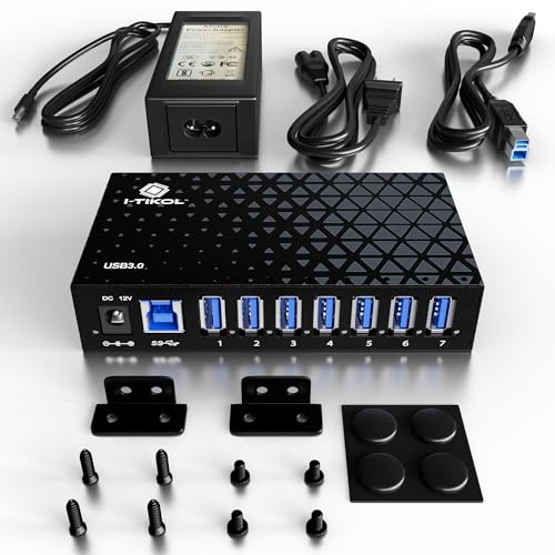 7 Port USB 3.0 Hub - Powered USB Hub –Multiple USB Splitter with Built-in 12V/3A/36W Power Adapter - Up to 5Gbps Sync & High-Speed Data Transfer - Mounting Brackets for Phone MB Laptop Tablet PC