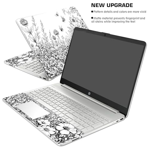 Laptop Skin Decal HP 15.6" - Black White Botanical, Laptop Cover Sticker, No Cutting Required, No Bubble, Waterproof, Scratch Resistant - Including Wide Screen and Wrist Pad - size: 15.6 inch