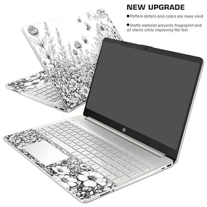 Laptop Skin Decal HP 15.6" - Black White Botanical, Laptop Cover Sticker, No Cutting Required, No Bubble, Waterproof, Scratch Resistant - Including Wide Screen and Wrist Pad - size: 15.6 inch