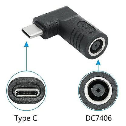 Right Angle DC 7406 to USB C Connector Adapter, 90 Degree PD 65W DC 7.4mm x 0.6mm to USB Type C Male Plug Power Charge Adapter for Laptop, Phone - Black - style: DC 7406 to USB Type c