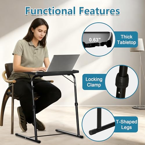 Max Pro Larger Folding TV Tray Table, XL Adjustable Foldable TV Table with 6 Height, 425% Thicker HDPE Plastic Table for Eating, Laptop, Snacks, Dinner Laptop on Couch & Bed, Black
