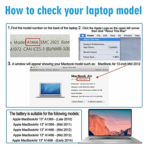 A1405 Laptop Battery for MacBook Air 13 inch A1466 (Mid 2012,Mid 2013,Early 2014, Early 2015,2017) A1369 (Late 2010, Mid 2011 Version) fits A1496 A1377 [EMC :2925, 2469, 2559, 2392, 2632, 3178] - size: 11.5*5.39*0.2inch A1405