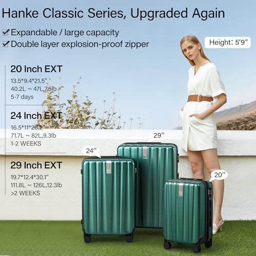Hanke Expandable Hardshell Luggage Sets 3 piece Carry on Luggage with Wheels Suitcases Lightweight Checked Travel Luggage Rolling Large Suitcase Travel Luggage Bag Woman Men 20/24/29 IN,Blackish Green - color: Blackish Green, size: Expandable 3 Piece Set（