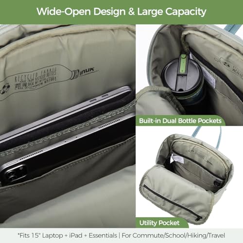 INUK Travel Laptop Backpack, 25L Recycled Waterproof Light Daypack | Dual laptop pockets, soft light foam straps, recycled wear-resistant fabric, water repellent coating, Sage Leaf - color: Sage Leaf