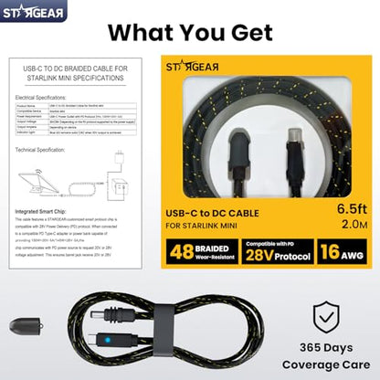Starlink Mini Cable 6.5FT, Max 140W Input Starlink Mini USB C to DC Power Cable with Indicator Light, Braided Wear-Resistant for 16AWG, Work with 20V/100W, 28V/140W PD Power Source (Black) - size: Black Braided 6.5FT with LED