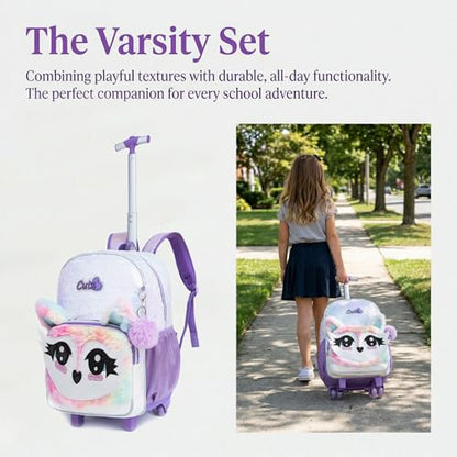 3PCS Kids Fluffy Cat Rolling Backpack for Girls, White Sequins | Trolley Suitcases Luggage Travel with Wheels, Roller Backpacks Set Toddler Back Pack School Bags Elementary Bookbag Wheeled - color: White-0121-huli