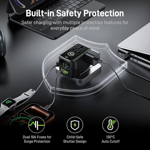Epicka Pulse Duo 140W Universal Travel Adapter PD 3.1, 2AC/2USB-C/2USB-A | International Power Adapter with Smart Display, 3.28ft Cable, PPS Fast Charging for MacBook/iPhone - style: Pulse Duo 140W with Smart Display