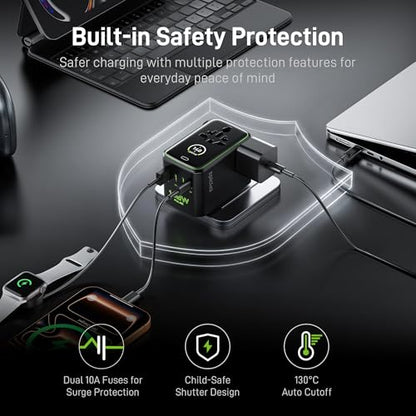 Epicka Pulse Duo 140W Universal Travel Adapter PD 3.1, 2AC/2USB-C/2USB-A | International Power Adapter with Smart Display, 3.28ft Cable, PPS Fast Charging for MacBook/iPhone - style: Pulse Duo 140W with Smart Display