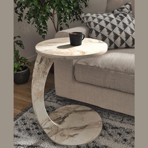 C Shaped End Table for Couch Small Places, Faux Marble Engineered Wood Space Saver Round Side Table for Sofa and Bedside with Wheels, Coffee and Snack Time Tray for Living Room (White Marble) - color: White Marble