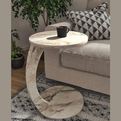 C Shaped End Table for Couch Small Places, Faux Marble Engineered Wood Space Saver Round Side Table for Sofa and Bedside with Wheels, Coffee and Snack Time Tray for Living Room (White Marble) - color: White Marble