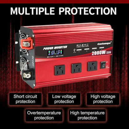 Cantonape 2000W Power Inverter 12V to 110V/120V DC to AC with LCD Display, Remote Controller 3 x AC Outlets and 4 x 3.1A USB Car Adapter for Car Truck Boat RV Solar System - size: 2000W-12V