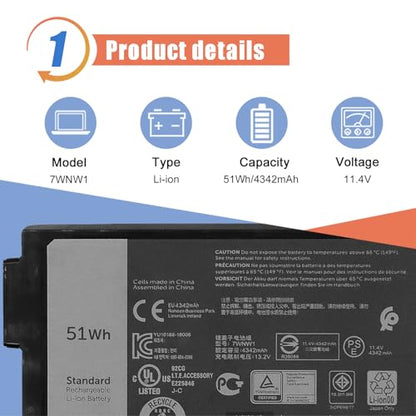 ASODI 7WNW1 51Wh 6-cell Laptop Battery Compatible with Dell Latitude 5424 5420 Rugged 7424 Extreme P137G P85G P86G P137G001 P137G002 P85G001 P86G001 Series DMF8C GK3D3 6NNCF DP3KF DMF0C 451-BCHV 11.4V | 6 Cell 51Wh 11.4V; Compatible with Dell Rugged Extre
