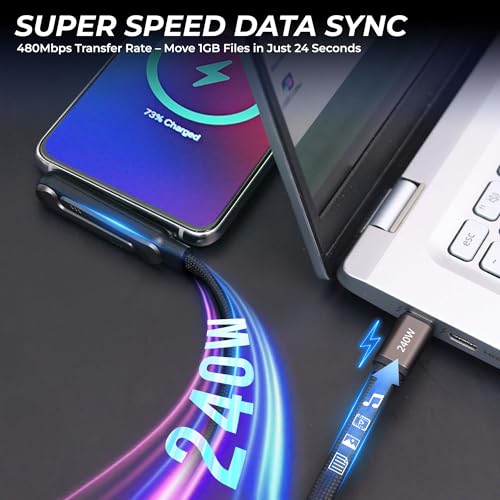 240W Sideways Phone Charger with Invisible Holder, Right Angle USB C to USB C Cable, Flat Chubby Cable with Stand, Fast Flat Phone Charger for iPhone 15, Galaxy S24, Laptop, Switch