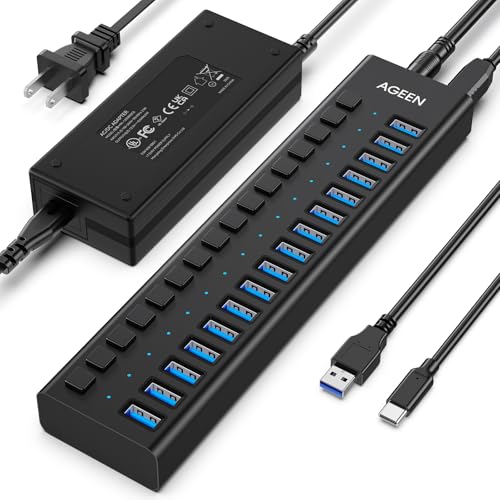 AGEEN 16-Port Powered USB 3.2 Hub, 10Gbps Data Transfer, 96W Power Adapter | Plug & Play, Individual On/Off Switch, Aluminum Housing, Surge Protection, USB Hub for Laptop/PC, Computer, HDD, Flash Drive