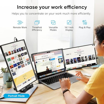 14" FHD 1200P IPS Laptop Screen Extender Fits 14"-17.3" Laptops | Triple Portable Monitor for Laptop, Plug & Play Dual Screen Compatible with Win, Mac, Android&Chrome OS