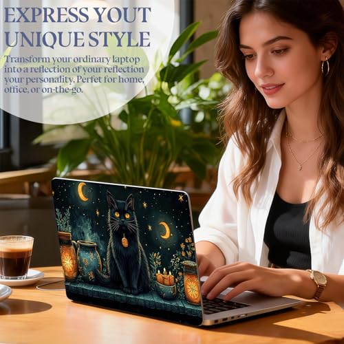 Universal Laptop Skin Sticker Decal,15.6 Inch Laptop Vinyl Cover for 13" 14" 15.6" Laptop,Scratch-Resistant Waterproof Protector Wrap,Reusable with Wrist Pads,Witchy Black Cat Crescent Moon - color: Witchy Black Cat Crescent Moon