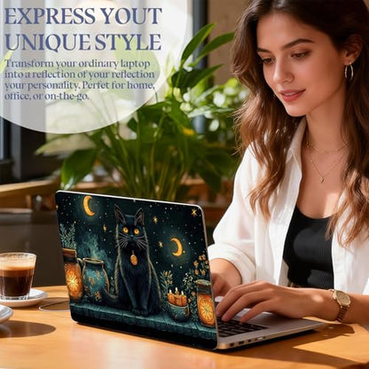 Universal Laptop Skin Sticker Decal,15.6 Inch Laptop Vinyl Cover for 13" 14" 15.6" Laptop,Scratch-Resistant Waterproof Protector Wrap,Reusable with Wrist Pads,Witchy Black Cat Crescent Moon - color: Witchy Black Cat Crescent Moon