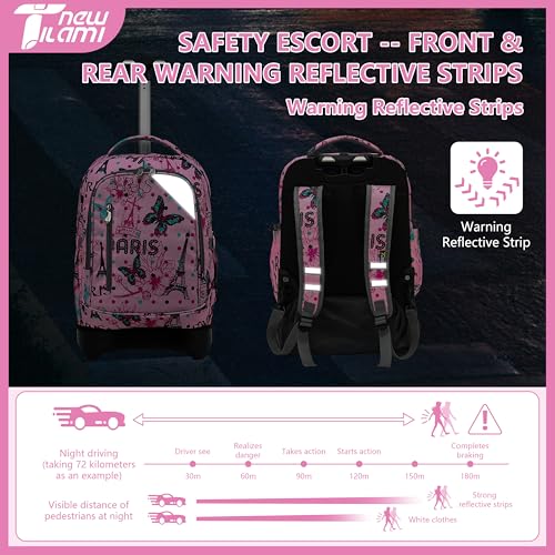 NEW TILAMI 18 Inch Rolling Backpack with Lunch Bag for Girls Boys School | 6-Wheel Stair-Climbing Girls Boys Carry-on Suitcase Water-Resistant Adjustable Trolley Handle Wheels School Travel Camping - color: Pink Romantic Paris