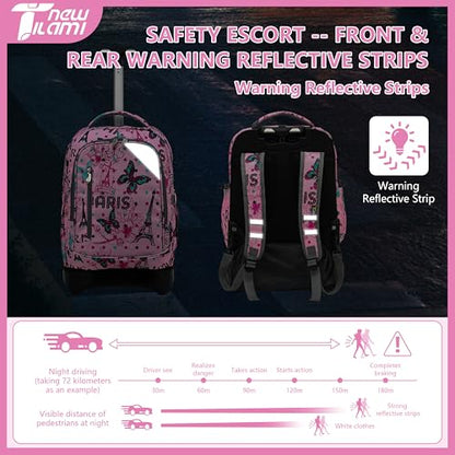 NEW TILAMI 18 Inch Rolling Backpack with Lunch Bag for Girls Boys School | 6-Wheel Stair-Climbing Girls Boys Carry-on Suitcase Water-Resistant Adjustable Trolley Handle Wheels School Travel Camping - color: Pink Romantic Paris