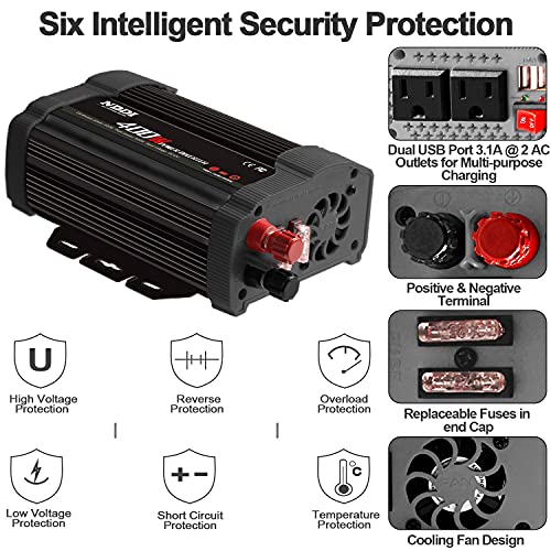 400W Power Inverter,DC 12v to AC 110v Car Inverter Converter | 3.1A Dual USB Charging Ports,Suitable For Laptops, Portable Power Converters, Camping, Road Travel Essentials, Black - size: 400W-B