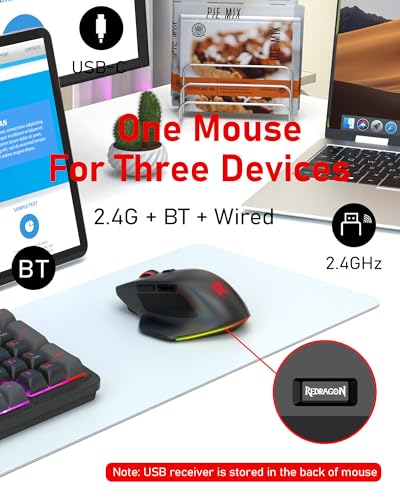 Redragon Large Wireless Gaming Mouse for Big Hands, Tri-Modes 2.4G/Bluetooth/Wired Rechargeable Ergo RGB Mouse with 2 Side Buttons, 6 Backlit Modes, Programmable Macro Gamer Mouse