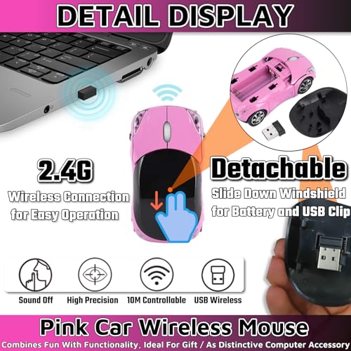 HuGuWdy Pink Wireless Car Mouse - 2.4G Wireless with USB Receiver, Optical Mouse for PC, Laptop, Tablet - Win XP/Vista/7/ME/2000/Mac OS Pink Mouse for Her for Christmas - color: Pink