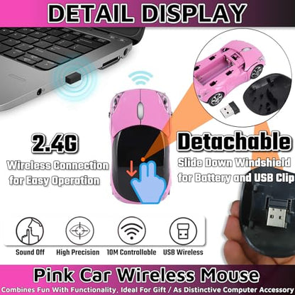 HuGuWdy Pink Wireless Car Mouse - 2.4G Wireless with USB Receiver, Optical Mouse for PC, Laptop, Tablet - Win XP/Vista/7/ME/2000/Mac OS Pink Mouse for Her for Christmas - color: Pink