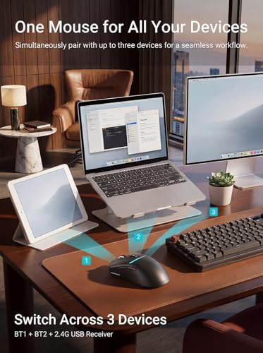 RAPIQUE Bluetooth Wireless Mouse, Dual Bluetooth + 2.4G, Black | 3-device switching, USB-C rechargeable, quiet clicks, 4 DPI Levels up to 3200, Ergonomic Right-Hand for PC, MacBook, Laptop - color: Black