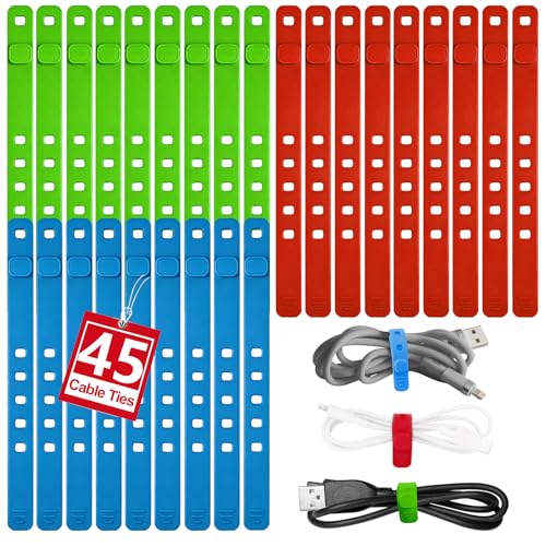 AROIC Reusable Silicone Cable Ties, 45Pcs Adjustable Travel Cord Organizer | Washable Cable Management with Adjustable Locking Buckle, Multicolor Elastic Cord Holder Organization Home Office Essentials - color: 6.7in-45p